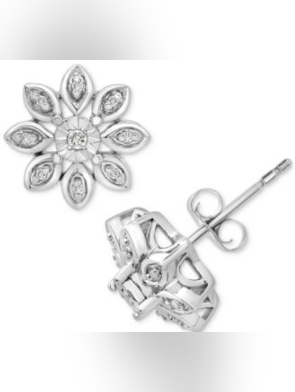 Diamond Earrings Solid Sterling Silver Flowers Earrings - Picture 4 of 4